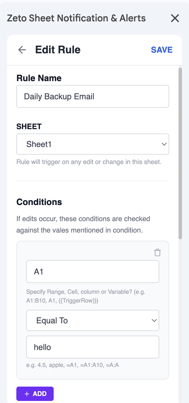 Condition editor in Zeto Sheet Notification & Alerts