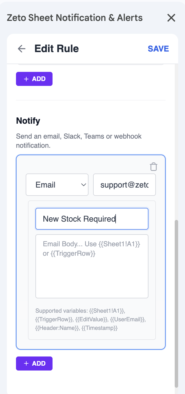 Notification editor in Zeto Sheet Notification & Alerts