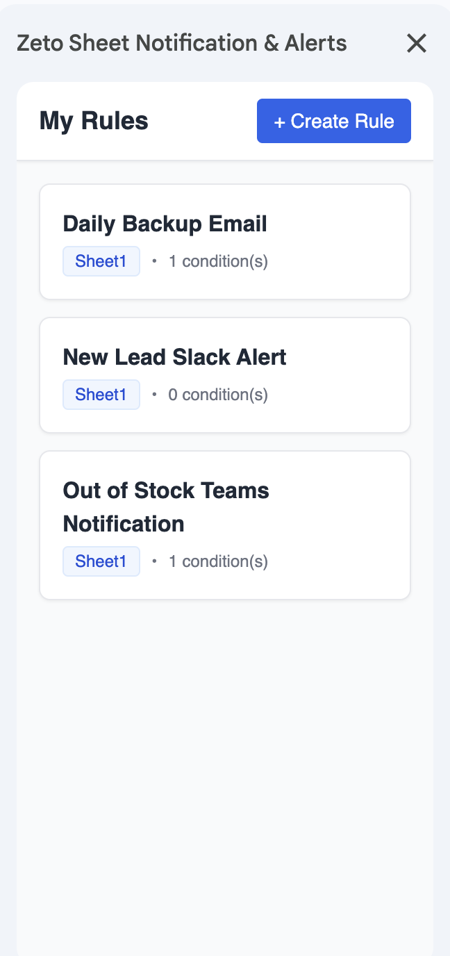 Rules dashboard in Zeto Sheet Notification & Alerts
